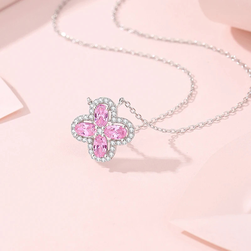 Original Full Pink Zircon Four Leaf Clover Necklace For Women 925 Sterling Silver Premium Design Light Luxury 45cm Choker Gift