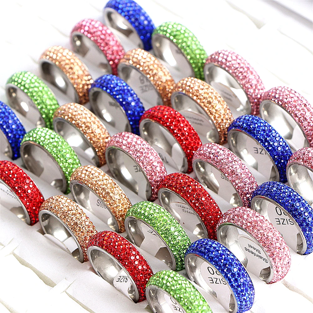 

20Pcs/Lot New Fashion Classic Colorful Five Rows Full Rhinestone Stainless Steel Rings Jewelry For Women Engagement Party Gifts