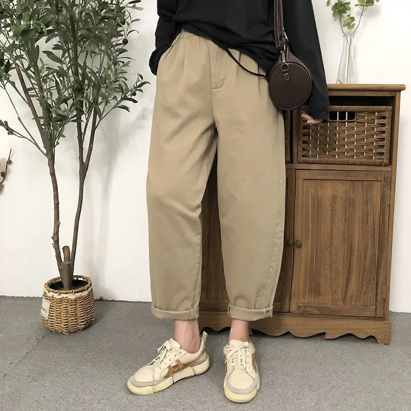 New Style Spring and Autumn Women's Solid Color High Waist Loose Elastic Halun Pants Pockets Fashion Casual Commuter Trousers