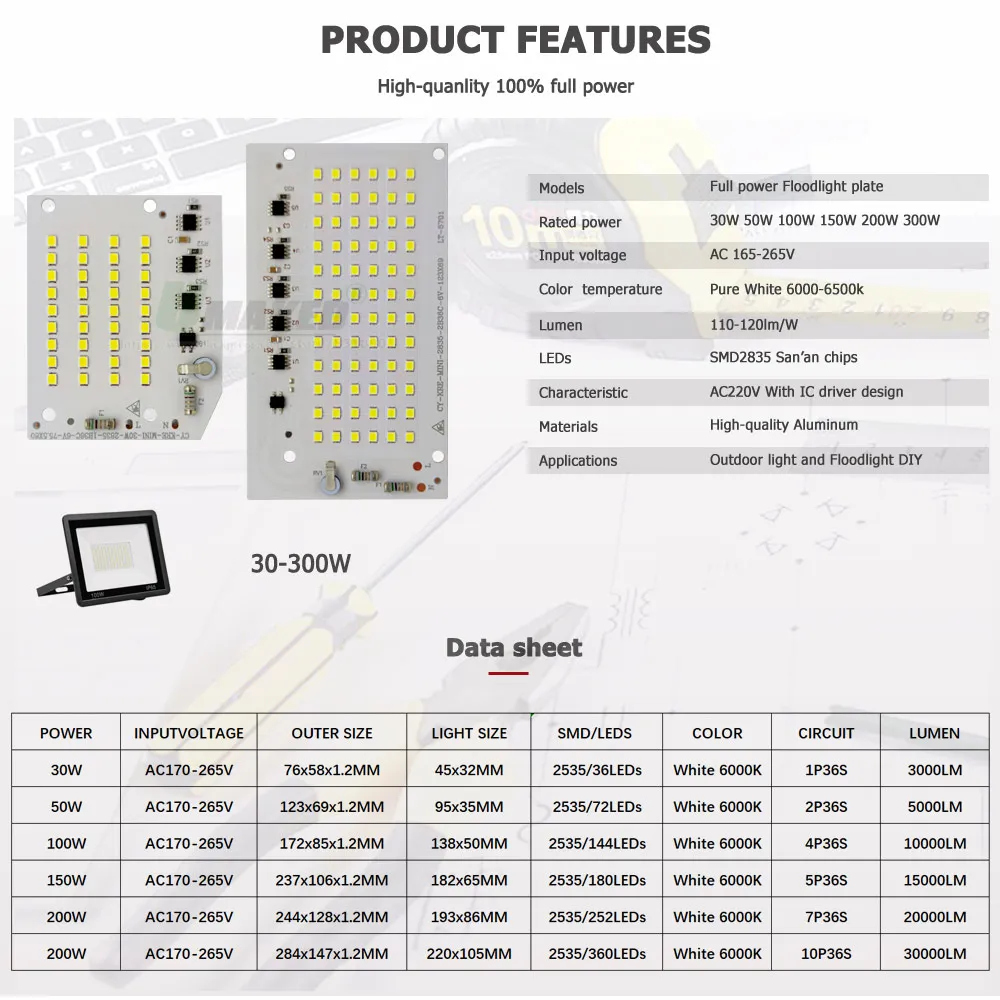 LED Floodlight PCB Plate SMD2835 Light Source Panel AC220V 30W 50W 100W 150W 200W 300W for Outdoor Lamp Replace DIY Kits led flood light uv floodlight