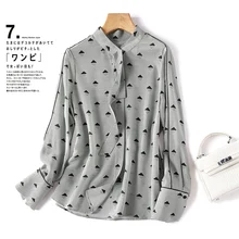

Thin Shirt Women Print 100% Natural Silk Long Sleeve Tops Women Luxurious High Quality Spring Stand Collar Geometric Office Lady