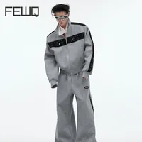 FEWQ Men Metal Rivet Shoulder Pad Short Hoodie Set Casual Silhouette Jacket Wide Leg Pants 2024 Contrast Color Sets 1