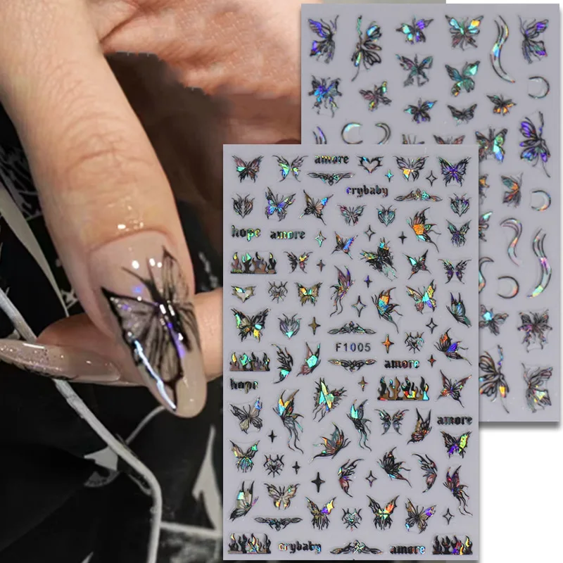 1PCS Black White Butterfly Laser Nail Stickers Y2K Nail Art Decoration Abstract Lines Bronzing Flowers Stickers For Nails 1