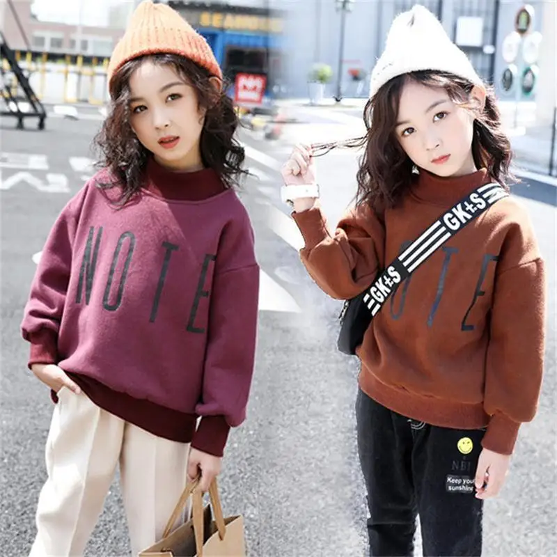 

Winter Girl Velvet Padded Thicken Sweatshirts Korean Style Half Turtleneck Hoodie Children Teens Fashion Pullover Tops