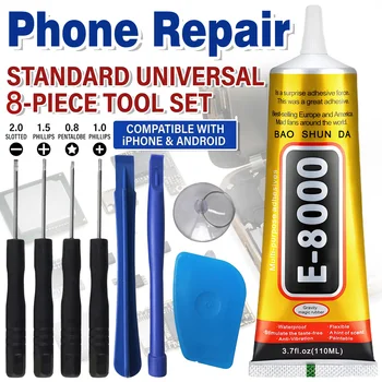Kit di riparazione e smontaggio 8 in 1 per telefoni cellulari Android Set multifunzione di smontaggio con cacciavite combinato per iPhone Con adesivo impermeabile ad alta resistenza E-8000 per schermi di telefoni cell