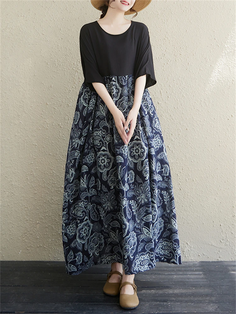 Summer Cotton Vintage Casual Loose Print Dresses For Women Short Sleeve Dress Femme Vestidos Office Lady Elegant Long Clothing