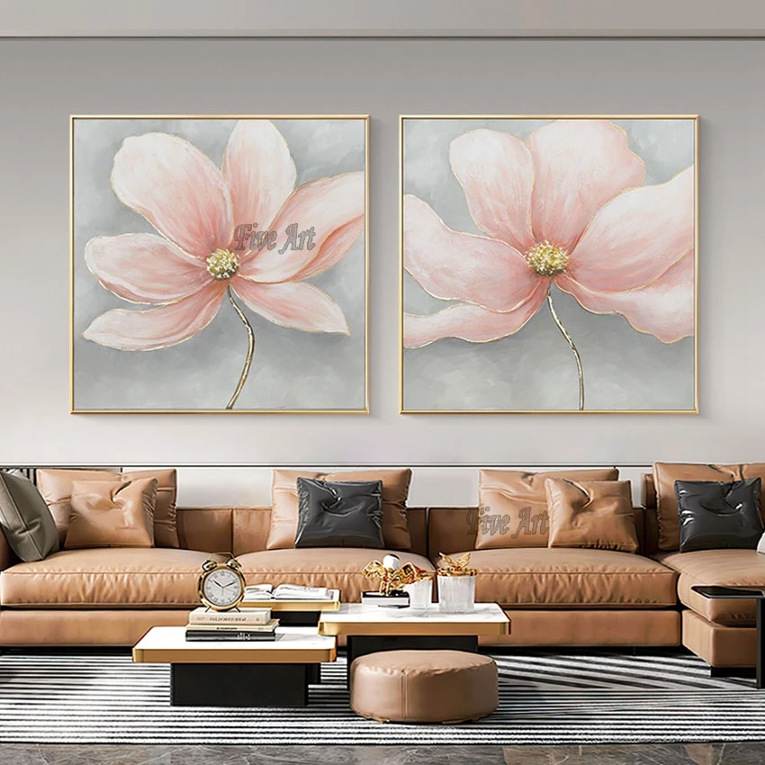 

2 Piece Canvas Art Gold Foil Pink Acrylic Abstract Designs Flower Oil Painting Frameless Wall Art Picture For Hotel Home Decor