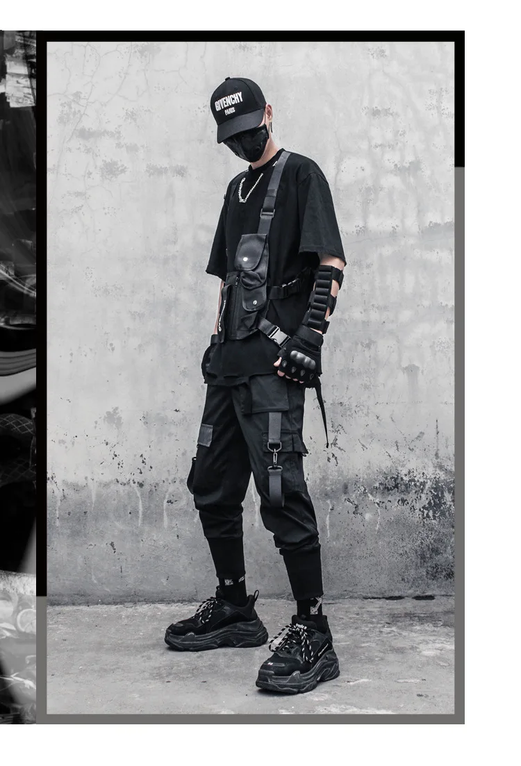 HOUZHOU black overalls jogging pants overalls men's spring and autumn Japanese street hip-hop stitching ribbon 2022 models work casual pants