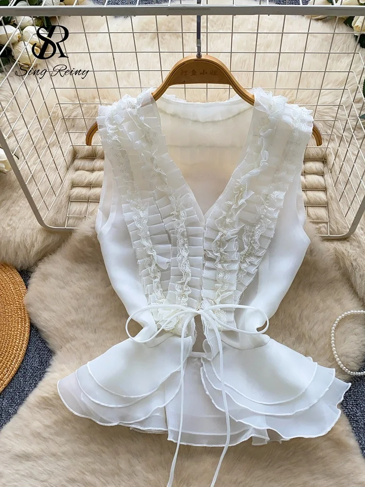 SINGREINY Celebrity Style Organza Hotsweet Top High Qulaity Sleeveless Lace Up Luxury Blouse Bohemian 3D Ruffles Short Tank Top 3