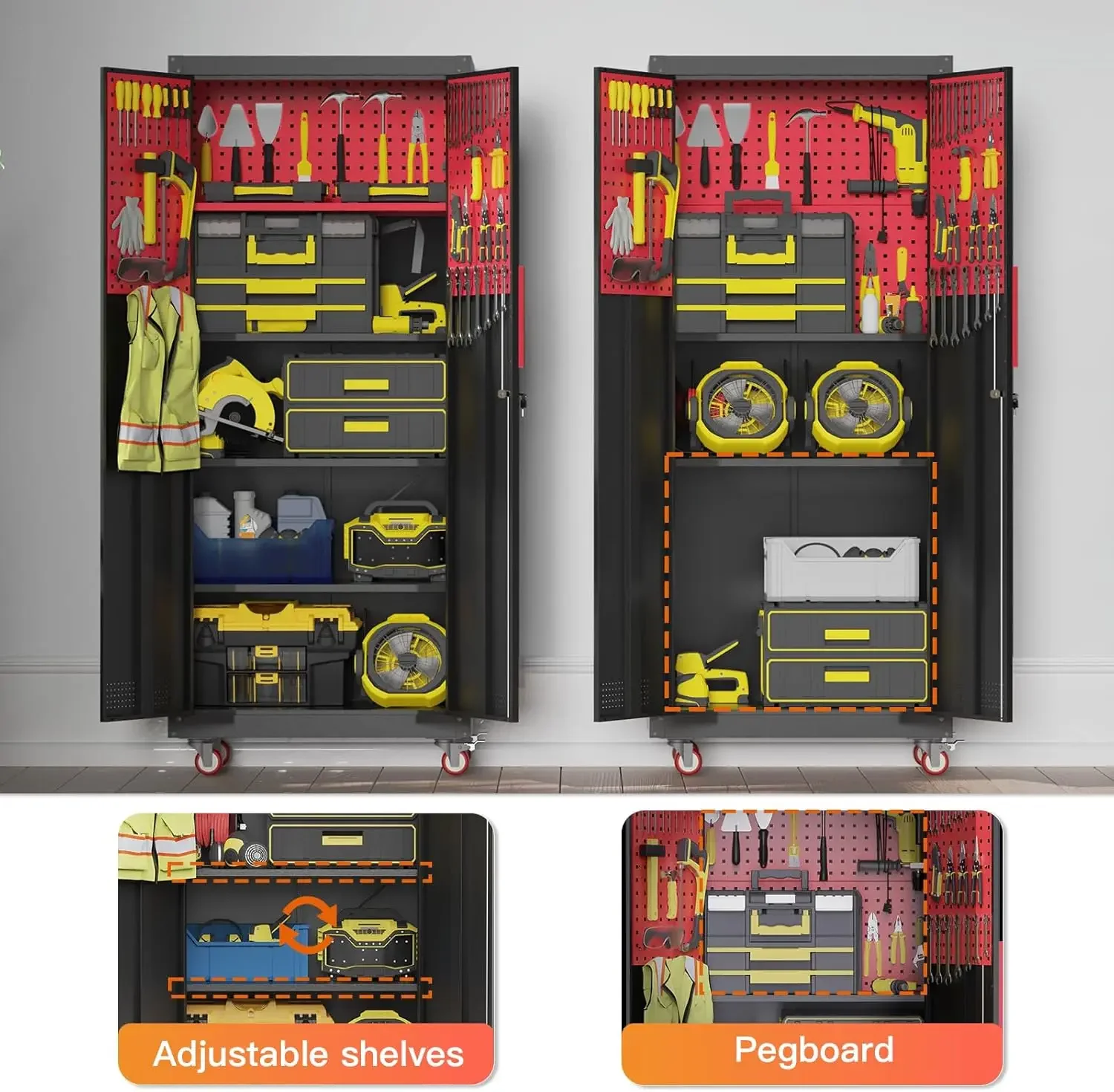 Metal Garage Storage Cabinet, Tall Garage Cabinets with 5 Adjustable Shelves, Steel Tool Storage Cabinet with Wheels,Lockable He 4