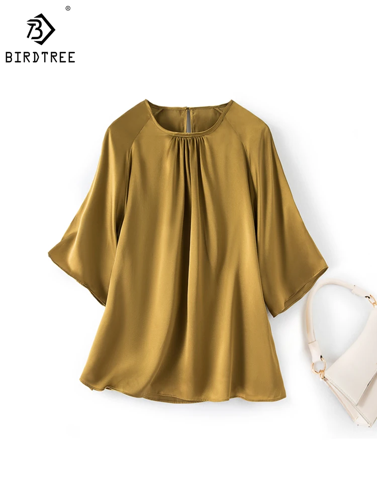 

Birdtree 100%Mulberry Silk Summer Silk Round Neck Top Raglan Sleeve Satin Bottom Small Shirt Loose T-shirt for Women T38135QD