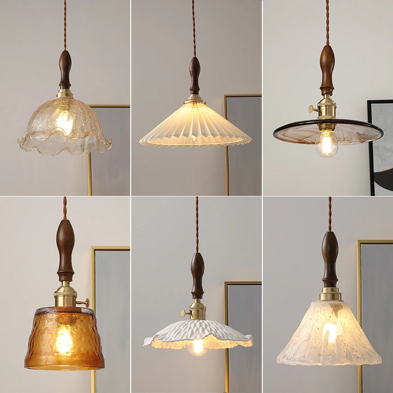 

Nordic Woode Glass Pendant Lights Vintage Hanging Lamps Modern Chandelier for Bedroom Bedside Living Room Suspension Luminaire
