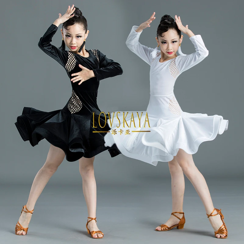 

Long sleeved High end Children Latin Dance Skirt Women Black Pool Professional Competition Training Clothes