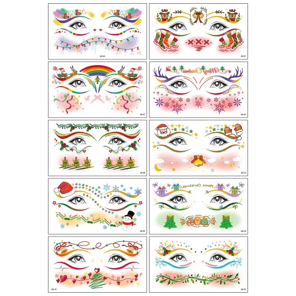 10Pcs Santa Claus Christmas Face Tattoo Sticker Waterproof Elk Xmas Party Face Decals DIY Face Art Christmas Makeup Stickers