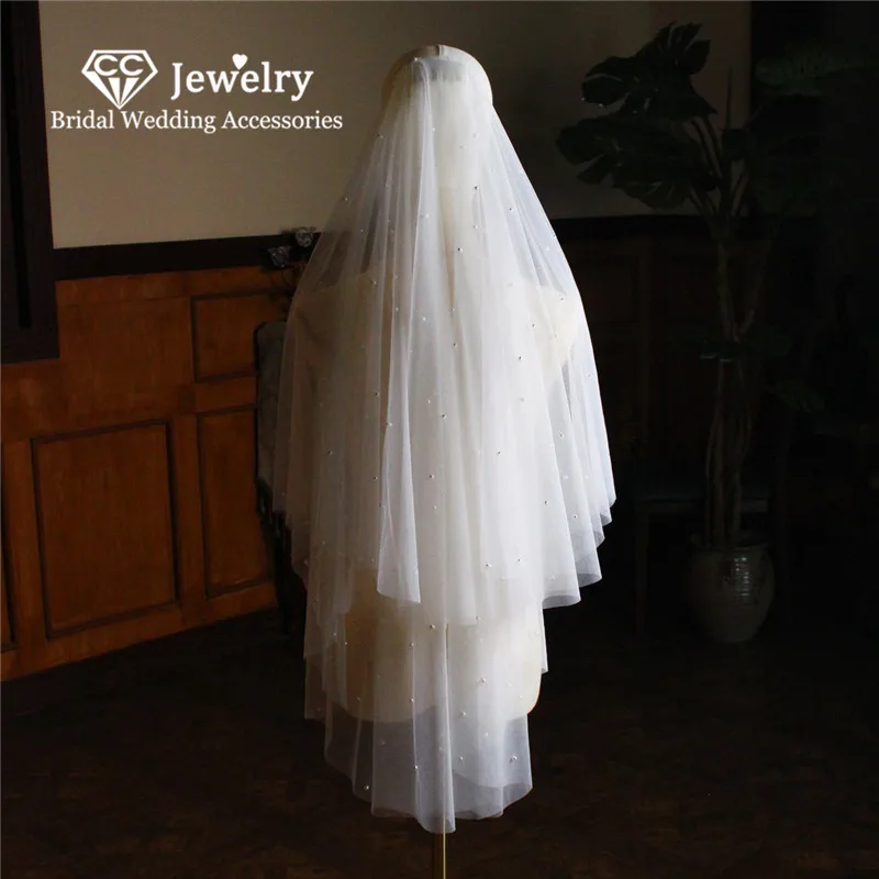 

CC Wedding Veils Women Hair Accessories Bridal Headdress Engagement Hairwear Double Layers Fingertip Veil Cut Edge In Stock V874