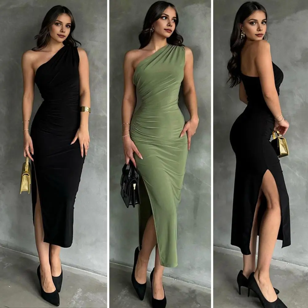 Women-Dress-One-Shoulder-Sleeveless-Slant-Neck-Dresses-Solid-Color ...