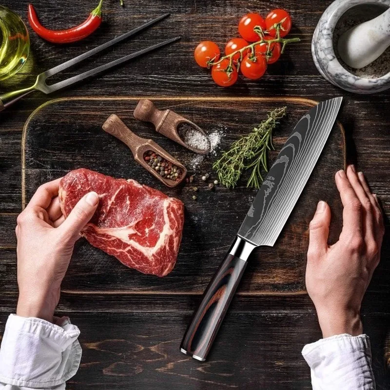 Kitchen Knife Meat Cleaver 5" Japanese Santoku Knife Laser Damascus Pattern Professional Butcher Boning Fish Fruit Utility Knife