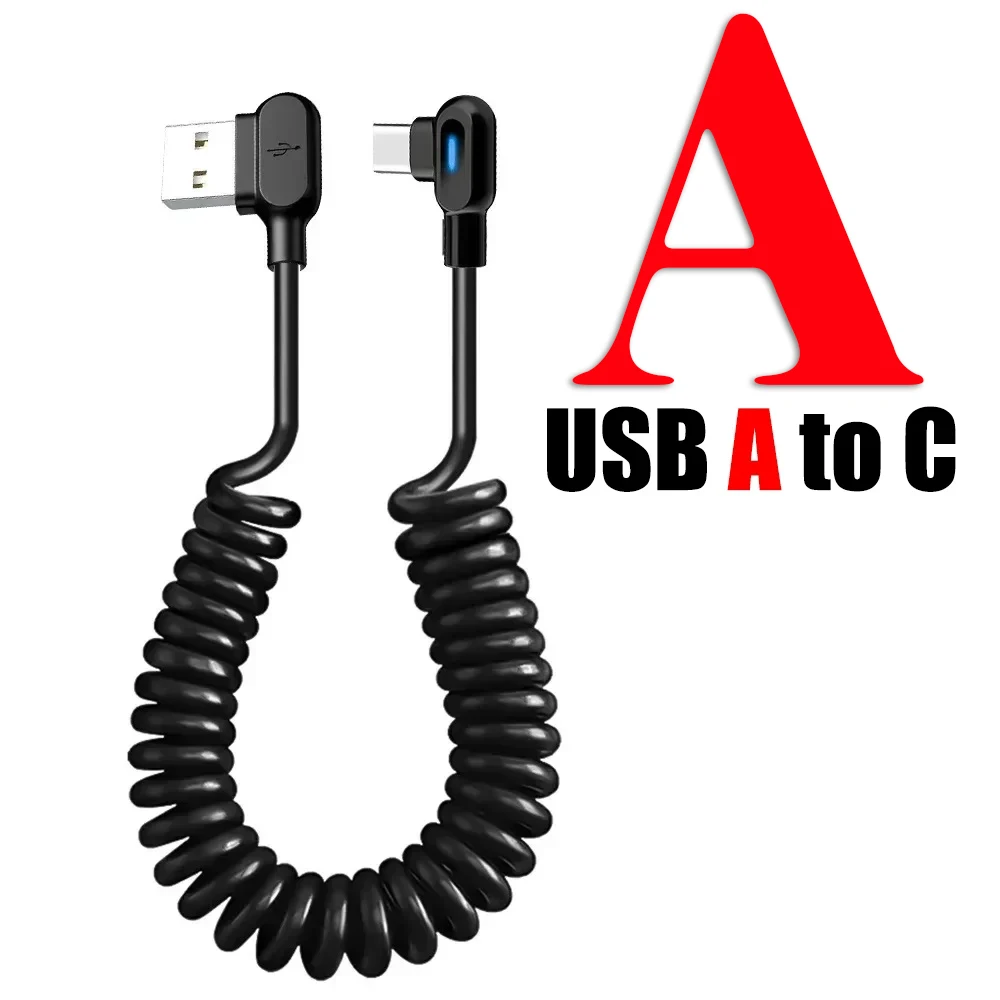 Quick Charge Retractable USB-C Coiled Cable with 90-Degree Elbow Design