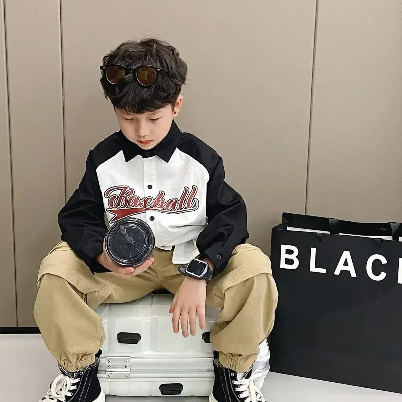 남아용 루즈핏 긴팔 셔츠, 한국 스타일, 스트리트 댄스 컬러, 블로킹 탑, 중대형 아동용, 2022 가을 신상