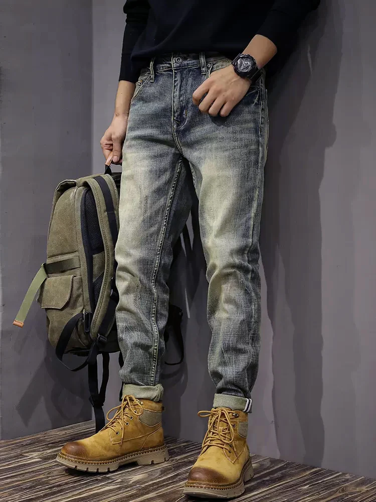 Newly Fashion Designer Men Jeans Retro Blue Elastic Stretch Slim Fit Ripped Jeans Men Trousers Vintage Casual Denim Pants Hombre