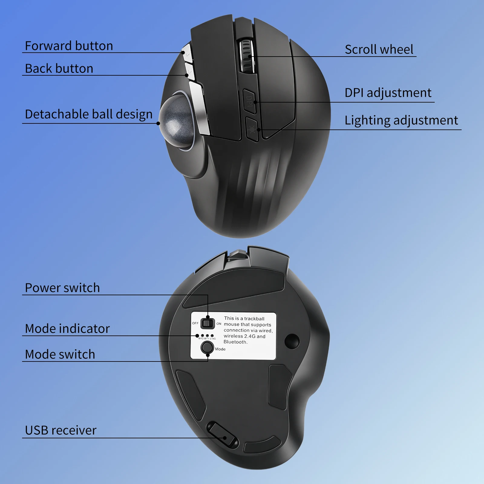 Bluetooth 및 2.4G 음소거 듀얼 모드 인체 공학적 트랙 볼 무선 마우스 프로그래밍 가능한 드로잉 오피스 노트북 데스크탑 용 수직 마우스