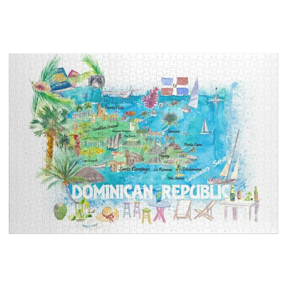 

Dominican Republic Illustrated Travel Map with Roads and Highlights Jigsaw Puzzle Personalized Gifts Personalized Name Puzzle