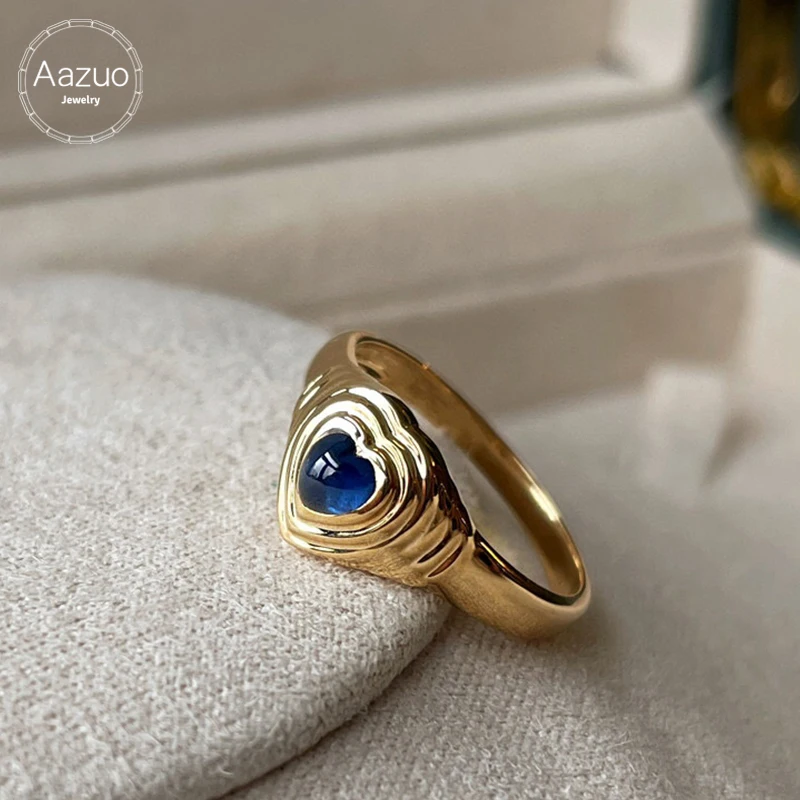 Aazuo Real Solid 18K Pure Yellow Gold Natural Blue Sapphires Heart Shape Rings Gifted For Women Birthday Engagement Party Au750
