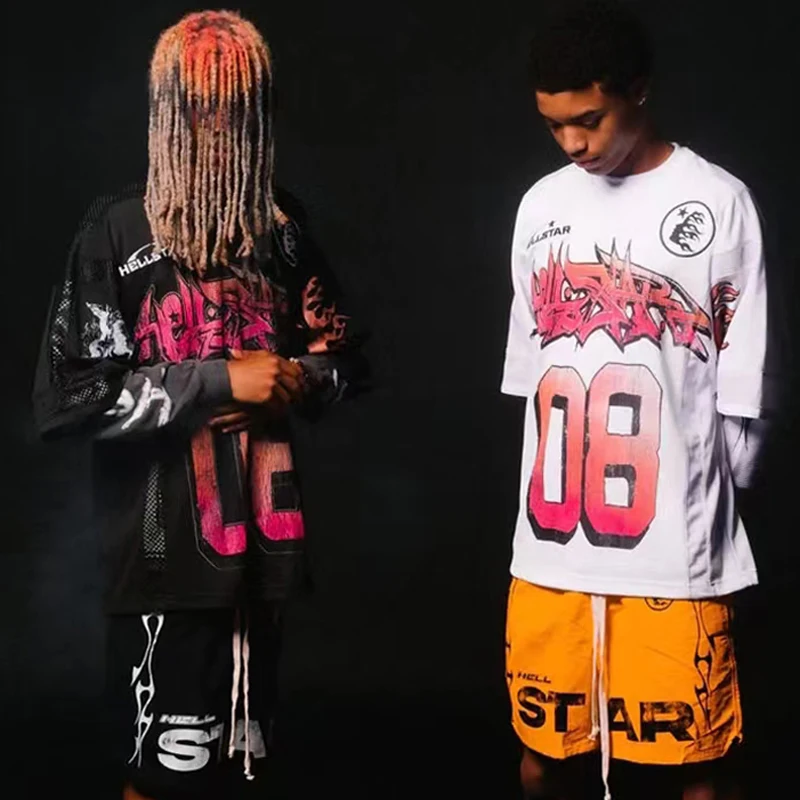 

Hellstar T-shirt Mesh Fabric Patchwork Alphanumeric Print HELLSTAR High Quality Men Women Short Sleeve T Shirt Ball Uniform