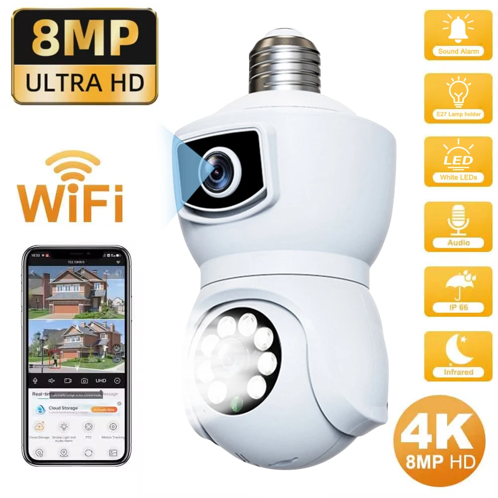 8MP E27 Bulb Camera Wifi PTZ Smart Security Tracking Two-way Audio Night Vision Surveillance with LED Bulb CCTV 5X Zoom Cameras 1