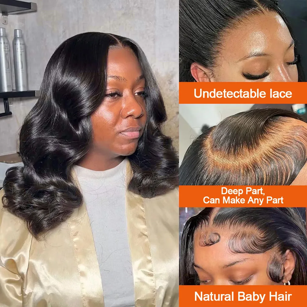 BVYWELL Perruques Courtes Bob en Cheveux Humains Naturels Vietnamiens Bruts, Ondulés et Mouillés, avec Dentelle Frontale HD 13×6, Densité 250%, Noir Naturel, Ondulations Corporelles, 16 Pouces, Pour Femmes