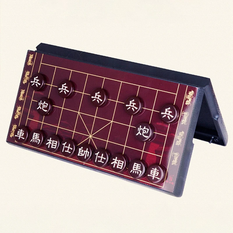 Traditional Chinese Xiangqi Portable Chess Set,Travel Board Game Set with  Resin Chess Pieces and Leather Chessboard