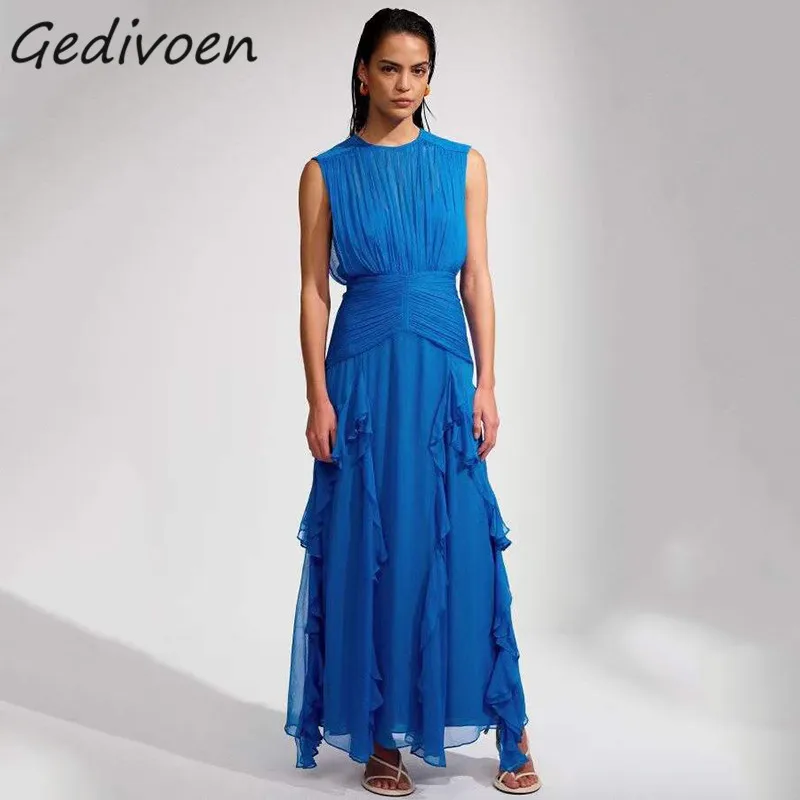 

Gedivoen Summer Fashion Designer Blue Chiffon Dress Women's O-Neck Sleeveless Ruched Irregular Ruffles Vintage Party Long Dress
