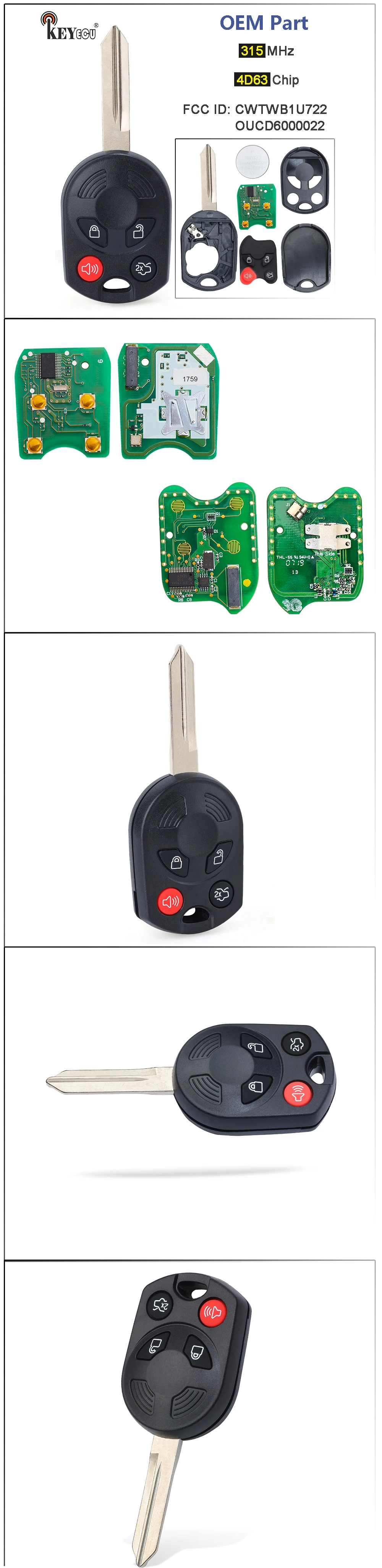 Keyforkess 315MHz 4 d63 40Bit Chip muslimed6000022 OEM Board Remote Key Fob per Ford Fusion Expedition Mustang Taurus HA Blade - Sc5cc82ab073f4583a0614e3a03c38bc55