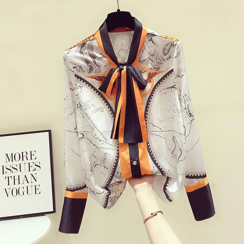 

Женская шифоновая рубашка с длинным рукавом, Повседневная Блузка с бантом и принтом, элегантный шикарный топ свободного покроя, Q170, весна-осень 2023