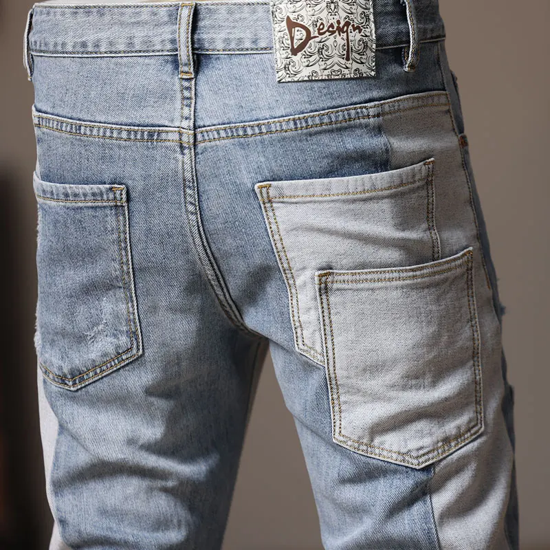 Street Fashion Men's Split Jeans Retro Light Blue Elastic Slim Fit Jeans Men's Panel Designer Hip Hop Jeans Bicycle Pants Hombre
