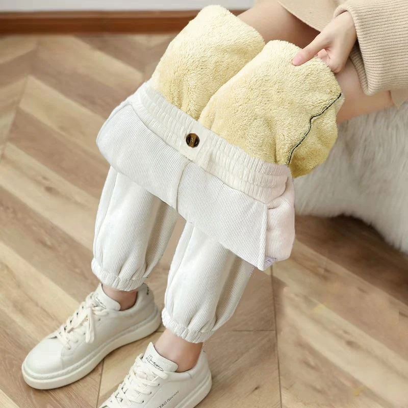 Woman Clothes Winter Office Lady Corduroy Lamb Wool Plush Warm Pencil Pants Pink Sporty Fake ButtonThick Solid Casual Long Pants