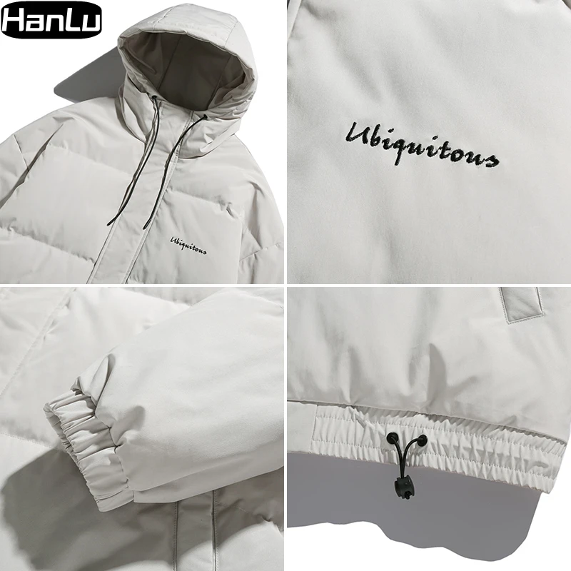 Men's Winter New Jacket Black Hooded Zipper Coat Couple Fashion Casual Loose Thick Warm Elastic Drawstring Cotton Coat