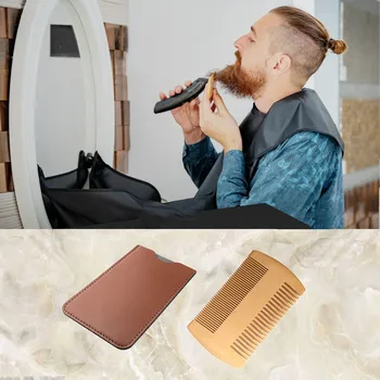 Spazzola per capelli in legno Pettine per barba Custodia in pelle PU Pettine per baffi Spazzolatura Cura dei capelli Pettine per styling per barba Doppia azione Denti fini e grossolani