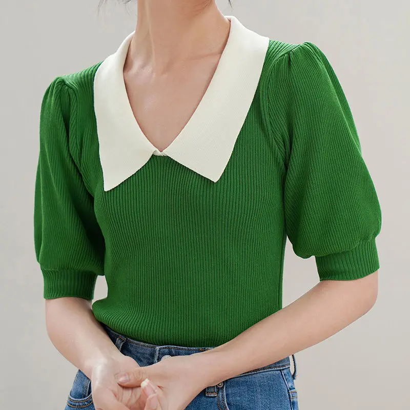 

French Doll Neck Knit Women's Design Feel Ice Silk T-shirt Bubble Sleeves Classic Black Summer New Top