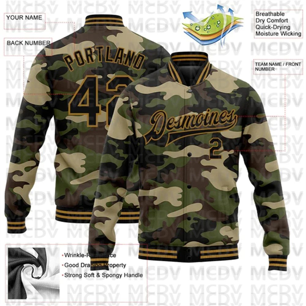 Custom Camo Black-Old Gold Jungle Camouflage 3D Bomber Full-Snap Varsity Letterman Salute To Service Jacket