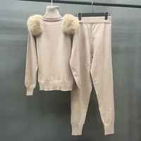 Women's Winter Knitted Sweater Pants Set Lady Fashion Sweater Fox Fur Shoulder Stand Collar Pullover 1