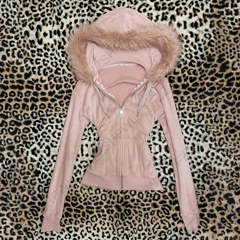 Y2K Fur Hood Zip Up Hoodie Women/Unisex Goth Streetwear Jacket | eBay