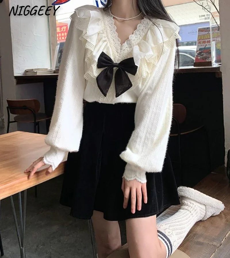 NIGGEEY Autumn and Winter 2023 New Fairy Bow Blouse Women Patched Lace Long Sleeve Top Half Skirt Set Women's Wear blouses short sleeve notched neck blouse in white size s