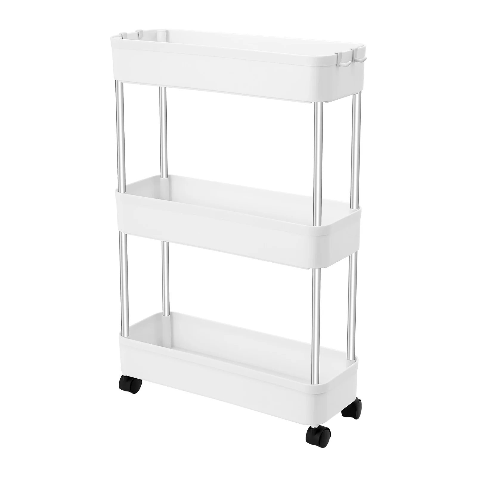 Trolley-Regal mit 4 Haken, Trolley mit 3 Ebenen, Küchenbelüftungswagen, Seitenwagen mit Rollen, für Badezimmer, Büros – Detail 2