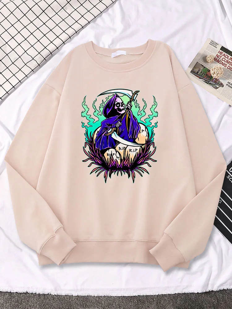 

Death Scythe Skeleton Cracked Eggshell Flame Flower Printing Women Hoodie Loose O-Neck Sweatshirt Personality Casual Female Tops