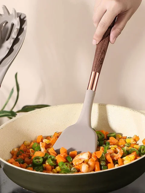 Kitchen Utensils Silicone Cooking Utensils Kitchenware, Gold-plated Wood Grain Handle, Spatula, SpoonsCooking Pots Set 4