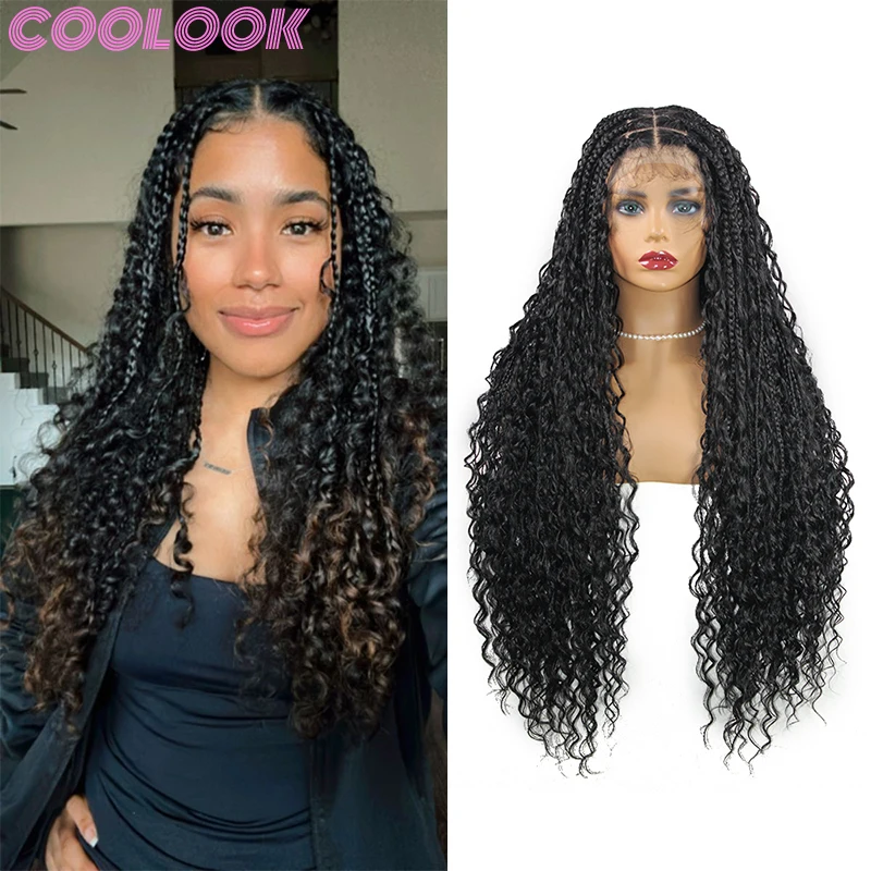 

32 Inch Bohemian Full Lace Braided Wigs Synthetic Box Braids Frontal Wig for Black Women Natural Deep Wave Braiding Knotless Wig