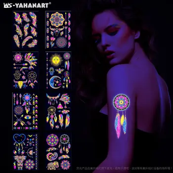 Adesivi per tatuaggi con braccio di fiori abbronzanti fluorescenti creativi adesivo per il viso adesivi per tatuaggi con braccio di piume impermeabili Art Press Design