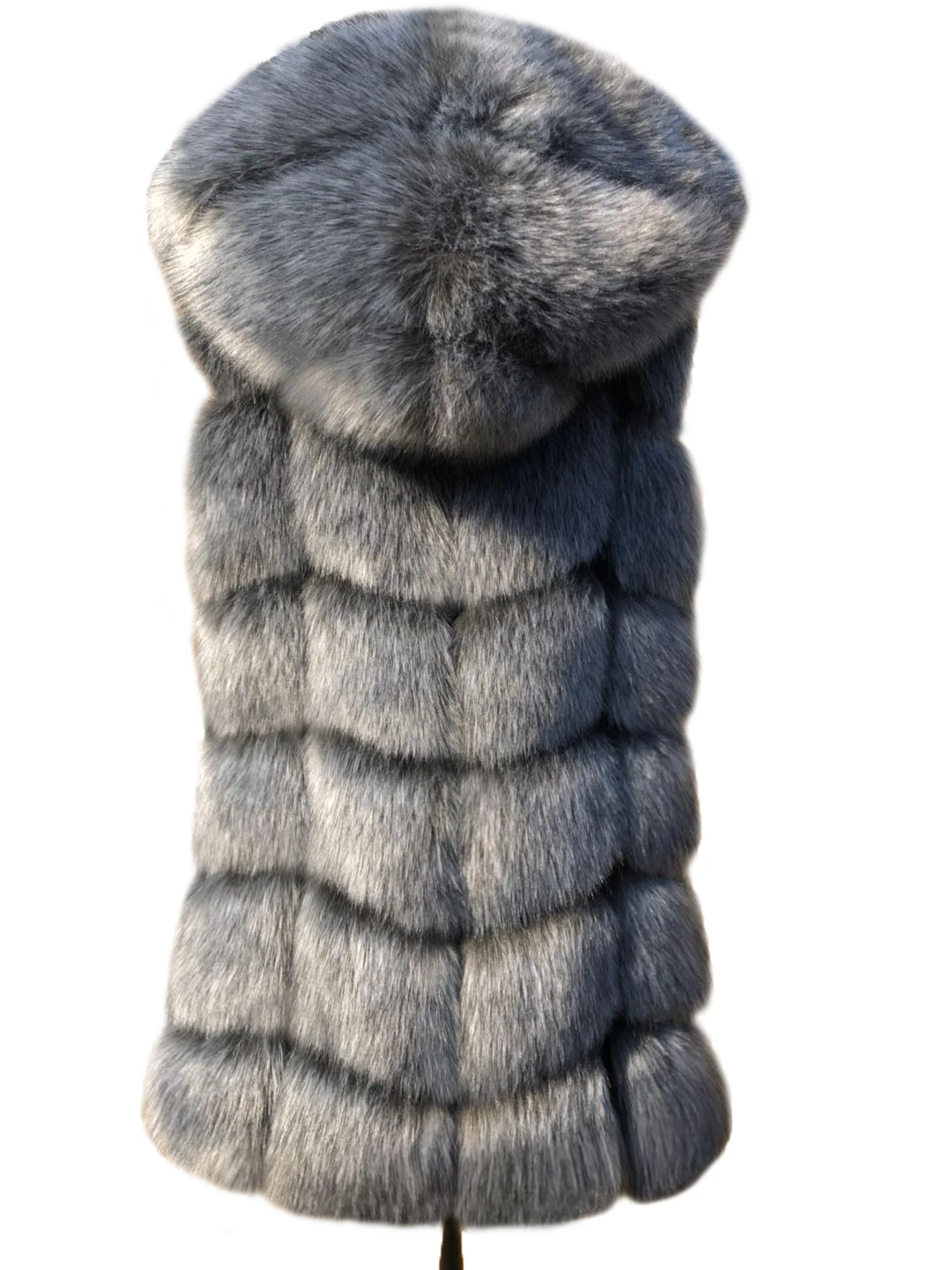 Hooded Grey Faux Fur Gilet Womens Fur Coat Grey Faux Fur Body