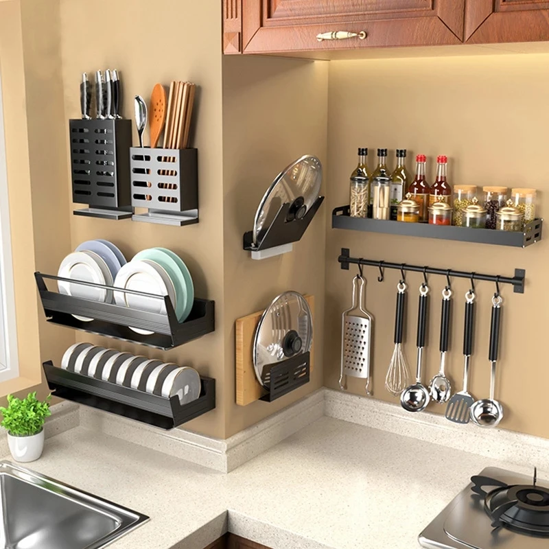 

Настенная вешалка для кухни, алюминиевая, без перфорации, черная, для хранения ножа